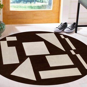 Modern Round Wool Rug, 8x8, 9x9, 10x10, 11x11, Brown & Cream Geometric Shapes Area Rugs for Living Room, Bedroom or Entryway