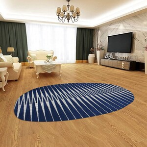 Oval Wool Rug 6x8, Blue Color, Hand Tufting Carpet ! 7x10, 8x11, 9x13 ! 10x14 Area Rugs, Geometric Design, Bed, Living Room Carpets