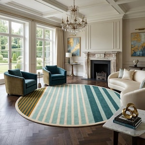 Modern Round Hand Tufted Striped Rug, Sage Green Cream Circle Rugs, Wool Tufte