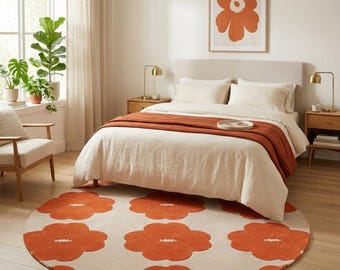 Retro Orange Floral Round Wool Rug – Mid Century Modern Flower Pattern (5x5, 6x6)