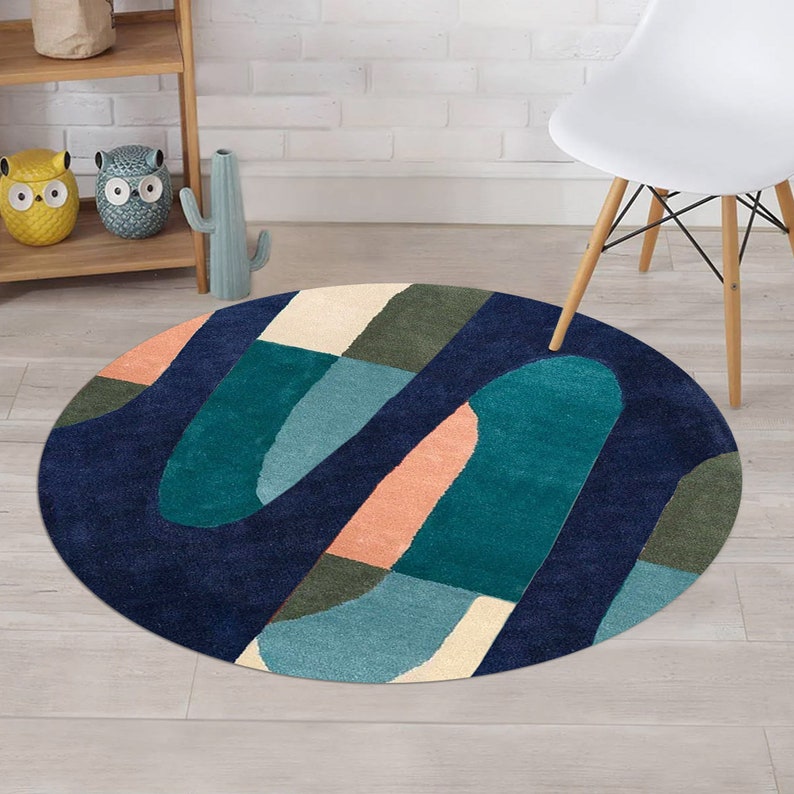 7x7 Round Rug for Dining Room, Hand Tuft 8x8, 9x9 Geometric Wool, Blue Area Rug, Contemporary Bed, Living Room Carpet image 4