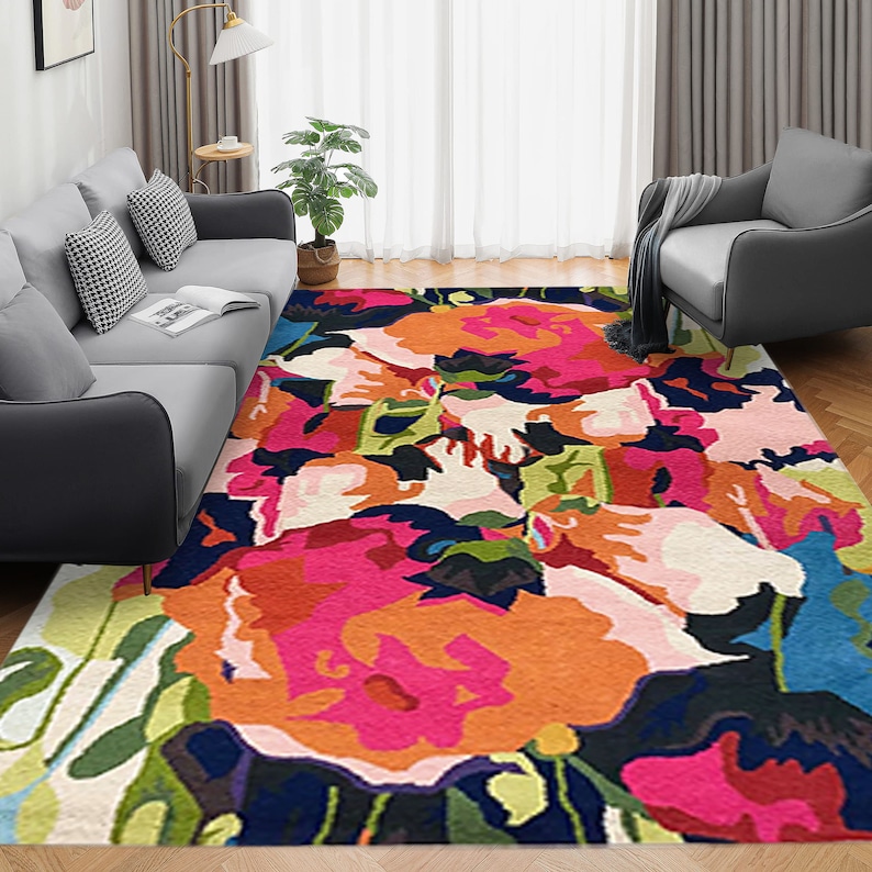 Tufted Floral Rug, Wool Rugs, Modern Rugs, 6x9, 5x7, 8x10, 8x11, Contemporary Carpet, Living Room Rugs, Bedroom Carpet