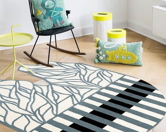 5x5 Geometric Rug ! Wool Tufte Carpet ! Irregular Shape ! 6x6, 7x7, 8x8 ! Bed, Living, Room, Rugs ! Handmade