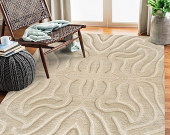 Cream area rug 5x7, 6x8 ! Hand woven carpet ! Fluffy wool rugs 6x9, 7x10 ! Geometric design ! Bed, Living, Kids, room carpets