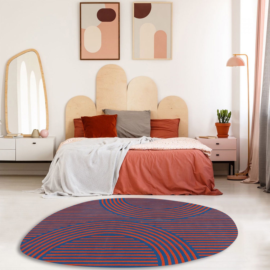 Rust Blue Rug Geometric Pattern Blue Rust Hand Tufted | Geometric Oval Rug | Modern Abstract Striped ...