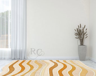 5x7 Area Rug ! Wavy Design Carpet ! 6x8, 7x10 ! Handmade Wool ! Beige and Mustard Color ! Bed, Living, Dining Room Carpet ! Geometric Design