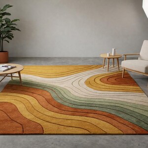 Hand-Tufted Wavy Pattern Rug – Modern Area Rugs in Rust, Mustard Sage Green