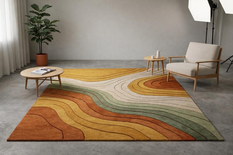 Hand-Tufted Wavy Pattern Rug – Modern Area Rugs in Rust, Mustard Sage Green