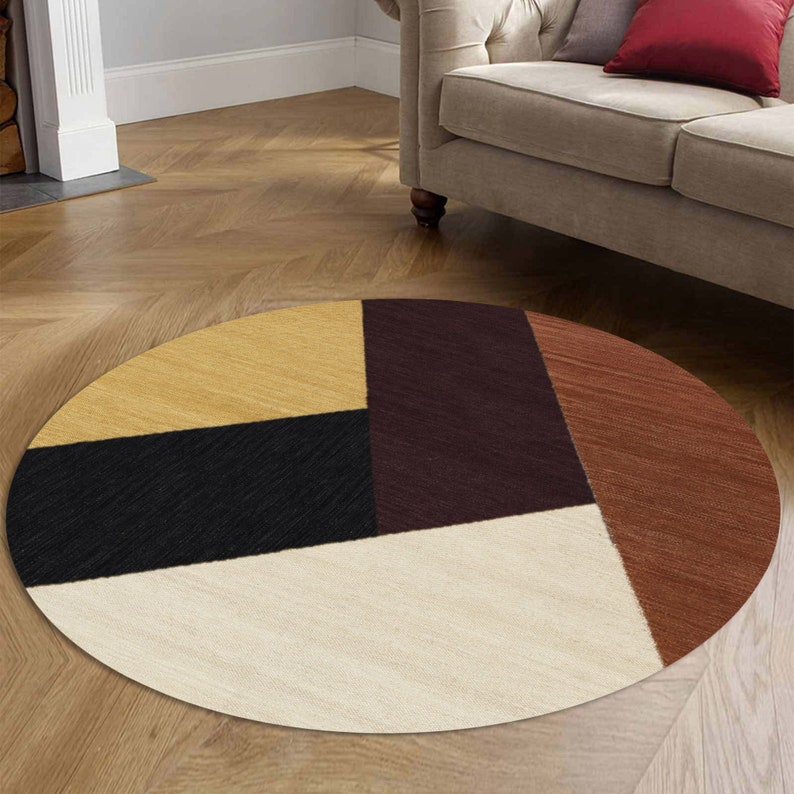 Flat Weave Carpet | Hand Woven Wool | 9x9, 10x10, 7x7, 12x12 | Round Area Rugs | Handmade | Contemporary Carpet | Living Room Rugs