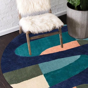 7x7 Round Rug for Dining Room, Hand Tuft 8x8, 9x9 Geometric Wool, Blue Area Rug, Contemporary Bed, Living Room Carpet image 6