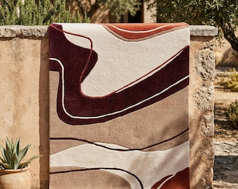 Hand Tufted Abstract Wool Rug, Modern Terracotta Beige Black Carpet, Living Room Decor