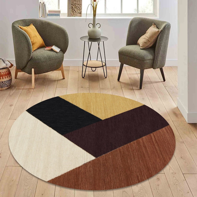 Flat Weave Carpet | Hand Woven Wool | 9x9, 10x10, 7x7, 12x12 | Round Area Rugs | Handmade | Contemporary Carpet | Living Room Rugs