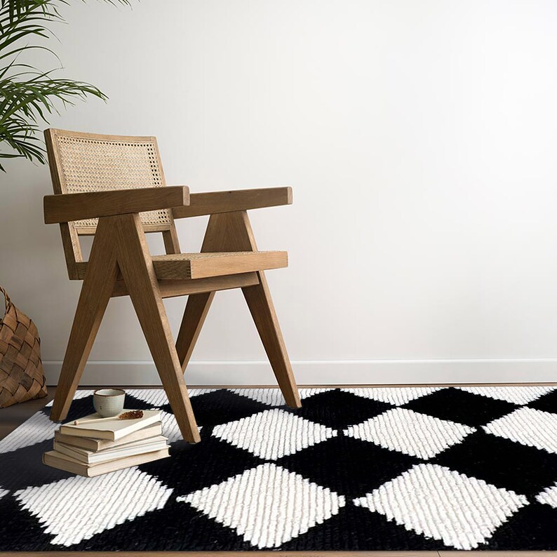 Geometric Rug 9x12 ! Hand Tuffed ! Black and White Carpet ! 8x11, 7x10, 6x9 ! Rugs for Living Room, Hallway