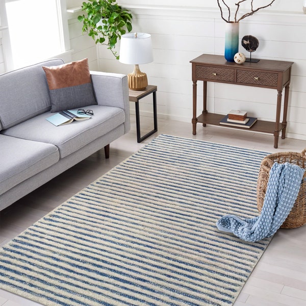 Area rug 8x10, 9x13 ! 10x10, 10x14 Tufted wool carpet ! Handmade rugs ! White and Blue color ! Bed, Living, Kids, room ! Striped carpets