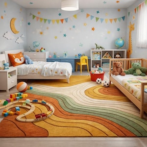 Hand-Tufted Wavy Pattern Rug – Modern Area Rugs in Rust, Mustard Sage Green