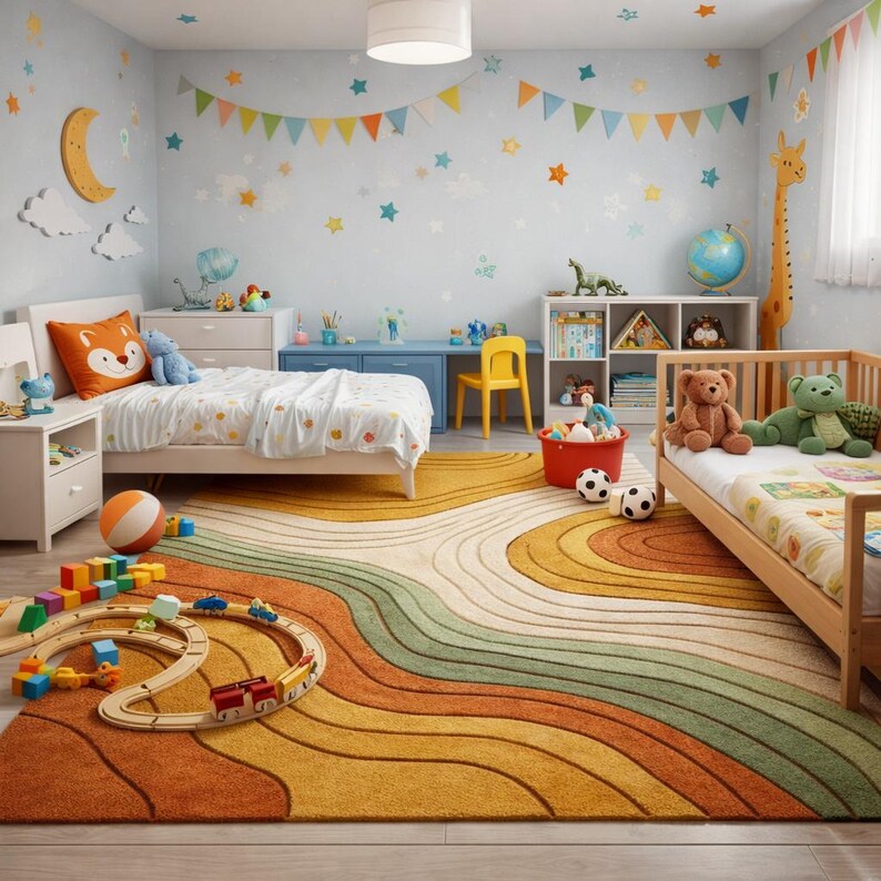 Hand-Tufted Wavy Pattern Rug – Modern Area Rugs in Rust, Mustard Sage Green