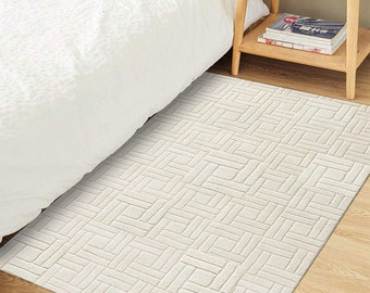 8x10 Area Rug ! 9x13, 10x14 ! Hand Tufte ! Geometric Wool ! White Rugs ! Contemporary Hallway, Bed, Living Room Carpet