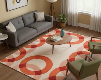 Handmade Orange Wool Area Rug | Mid-Century Modern Boho Living Room Carpet (8x10)