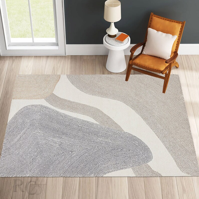 Tufted Wool Rug 9x13 ! Handmade Carpet ! Area Rug 8x10 ! 7x10, 6x9, 5x8 ! Ivory Grey Color ! Geometric Design ! Bed, Living, Room, Hallway