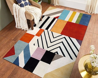 Multicolor Woolen Rugs ! 5X7, 6X8, 6X9 ! Geometric Blocks Rug ! Hand Tufted ! Bed, Living, Kids Room, Hallway Carpet ! Contemporary Home