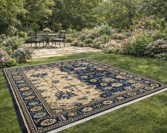 Vintage Oushak Rug Blue Handmade Turkish Vibrant Hand Knotted Area Rugs