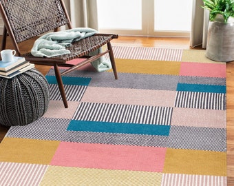 Area Rug 8x10 ! Hand Woven ! 7x10, 6x9, 6x8 ! Flat Weave Design ! Geometric Woolen Rug ! Living, Dining, Room Carpet