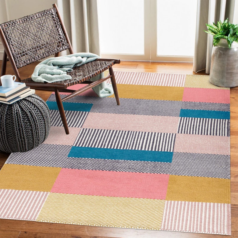 Area Rug 8x10 Hand Woven 7x10, 6x9, 6x8 Flat Weave Design Geometric Woolen Rug Living, Dining, Room Carpet image 1