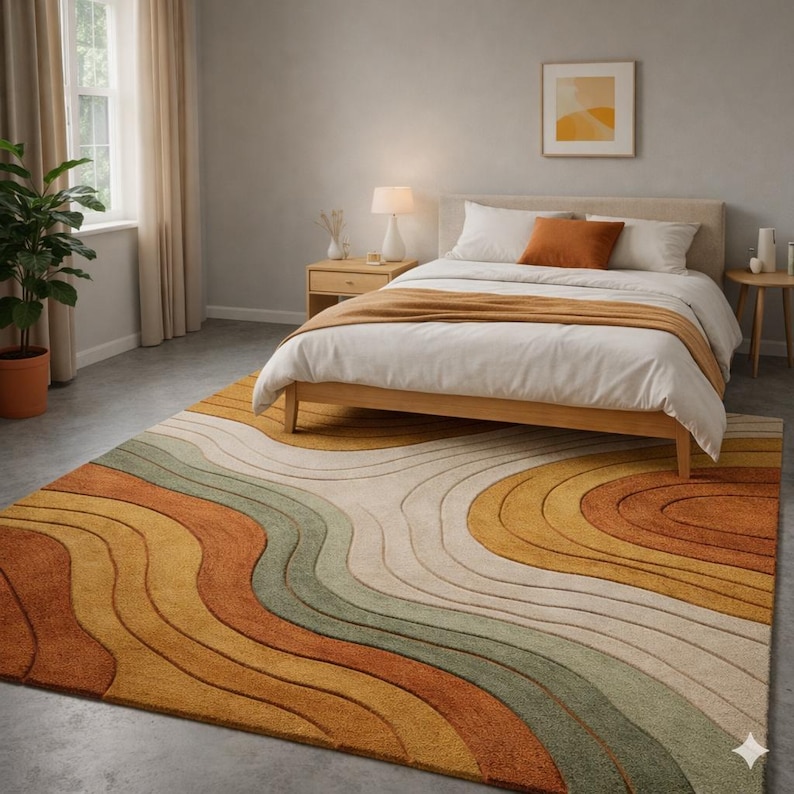 Hand-Tufted Wavy Pattern Rug – Modern Area Rugs in Rust, Mustard Sage Green