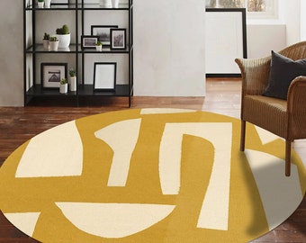 Round Rug 9x9 ! 8x8, 7x7, 6x6 ! Hand Woven Carpet, Mustard Area Rugs, Bed, Living Room Carpets, Geometric Design