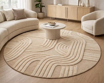 Tapis rond en laine touffeté main | Tapis géométriques beiges | Tapis circulaire minimaliste moderne