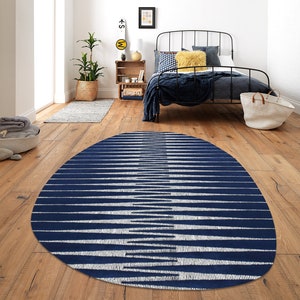 Oval Wool Rug 6x8, Blue Color, Hand Tufting Carpet ! 7x10, 8x11, 9x13 ! 10x14 Area Rugs, Geometric Design, Bed, Living Room Carpets