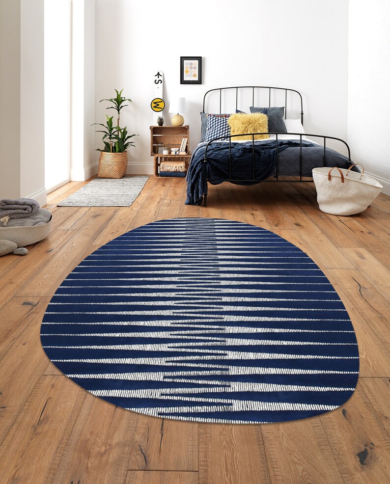 Oval Wool Rug 6x8, Blue Color, Hand Tufting Carpet ! 7x10, 8x11, 9x13 ! 10x14 Area Rugs, Geometric Design, Bed, Living Room Carpets