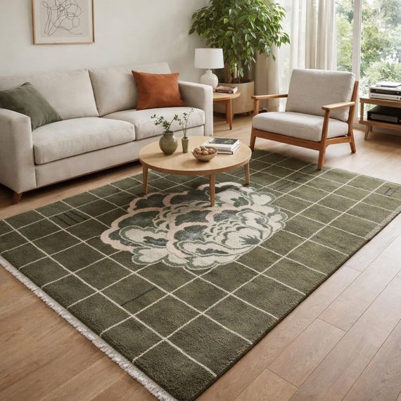 Hand Knotted Wool Olive Green Rug: Modern Shaggy Turkish Oushak
