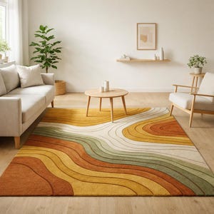 Hand-Tufted Wavy Pattern Rug – Modern Area Rugs in Rust, Mustard Sage Green