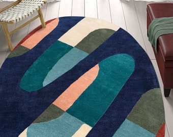 8x11 Blue Area Rug ! Hand Tufted Carpet ! 7x10, 6x8 ! Oval Wool Rug for Living Room ! Geometric Design ! Bed, Dining Room Carpet