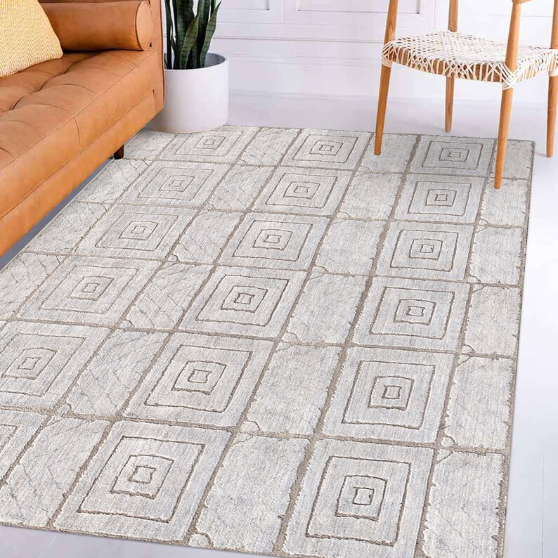 9x13 Viscose Rug, Knitted Wool, Geometric Area Rugs ! 8x12, 7x10, 6x8 ! Handmade, Beige Carpets, Hallway, Bed, Living, Room