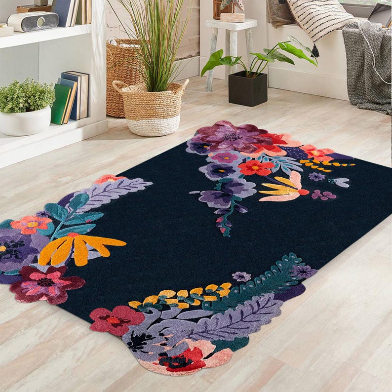 Hand-tufted Floral Wool Rug | Blue Bedroom Carpet - Etsy