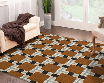 Brown Area Rug 8x11 ! Hand Tuft ! 7x10, 6x8, 5x7 ! Vintage Wool Carpet ! Geometric Rugs ! Rectangle Shape ! Bed, Living Room Carpets