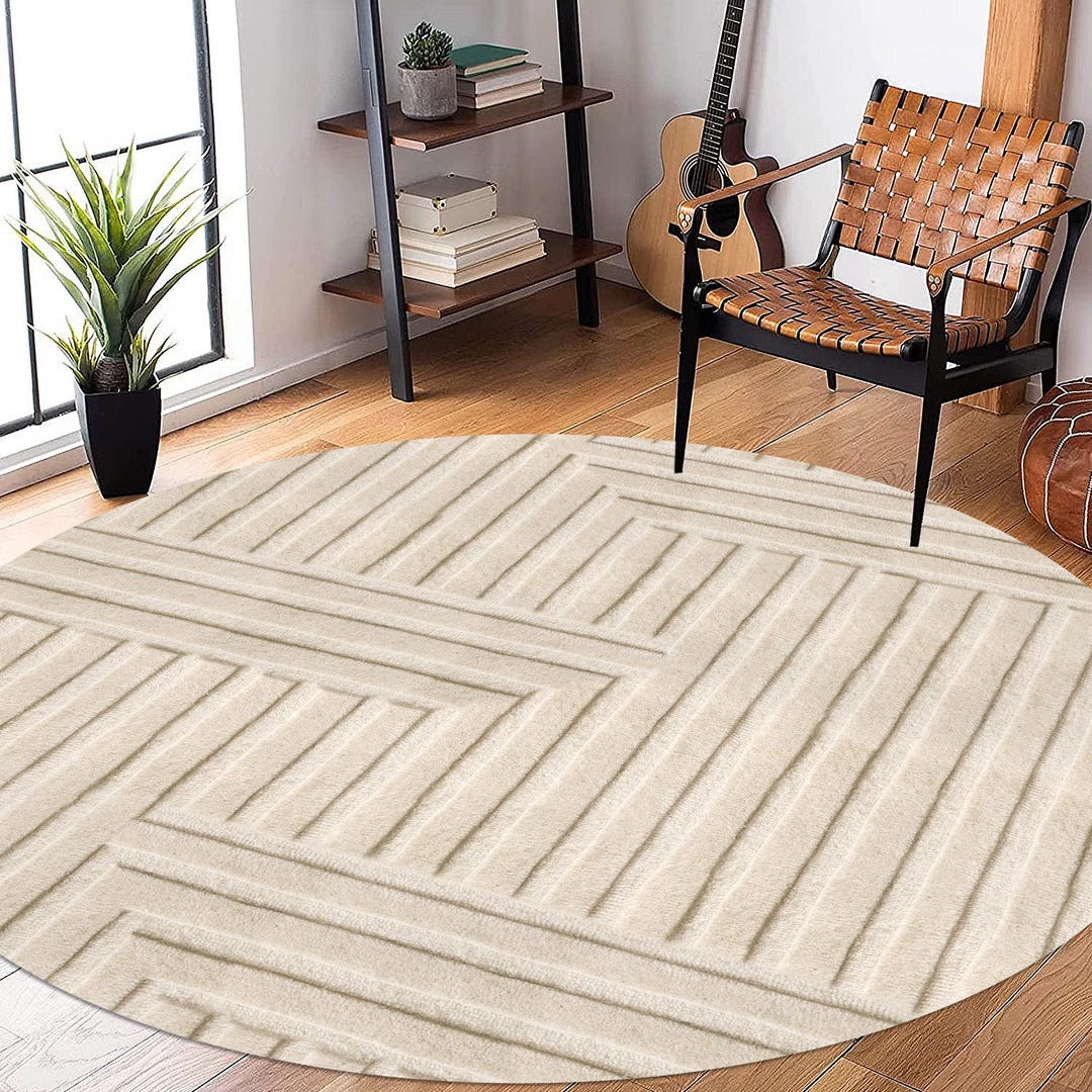 Hand Woven Wool Round Rug: Cream Geometric Hallway Rug - Etsy