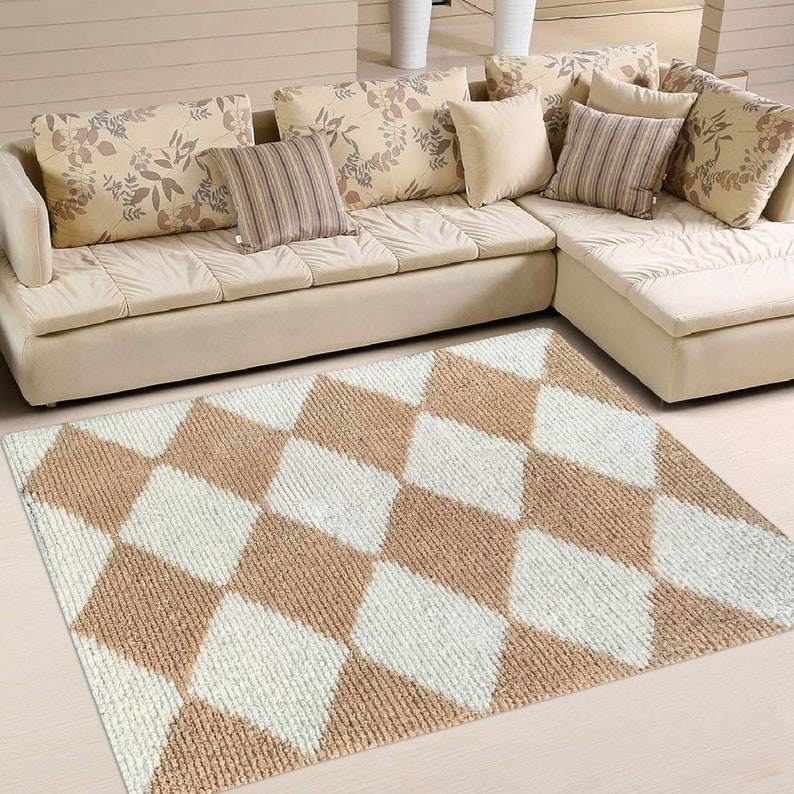 Wool Tuft Rug 5x8, Geometric Carpets, Tan White Rugs ! 6x9, 7x10, 8x11 ! Bed, Living, Kids Room Carpet, Handmade