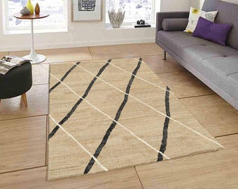 Handwoven Jute Rug, Natural Beige Geometric Diamond Pattern, Boho Rustic Area Rug