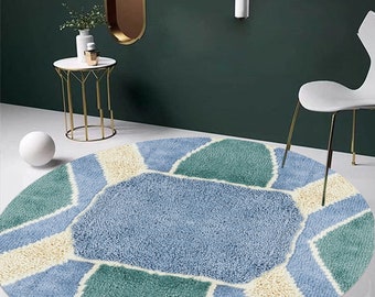5x5 Geometric Rug, Flat Weave Carpet ! 6x6, 7x7, 8x8 ! 9x9 Living Room Carpets, Handmade, Blue Cream Area Rugs