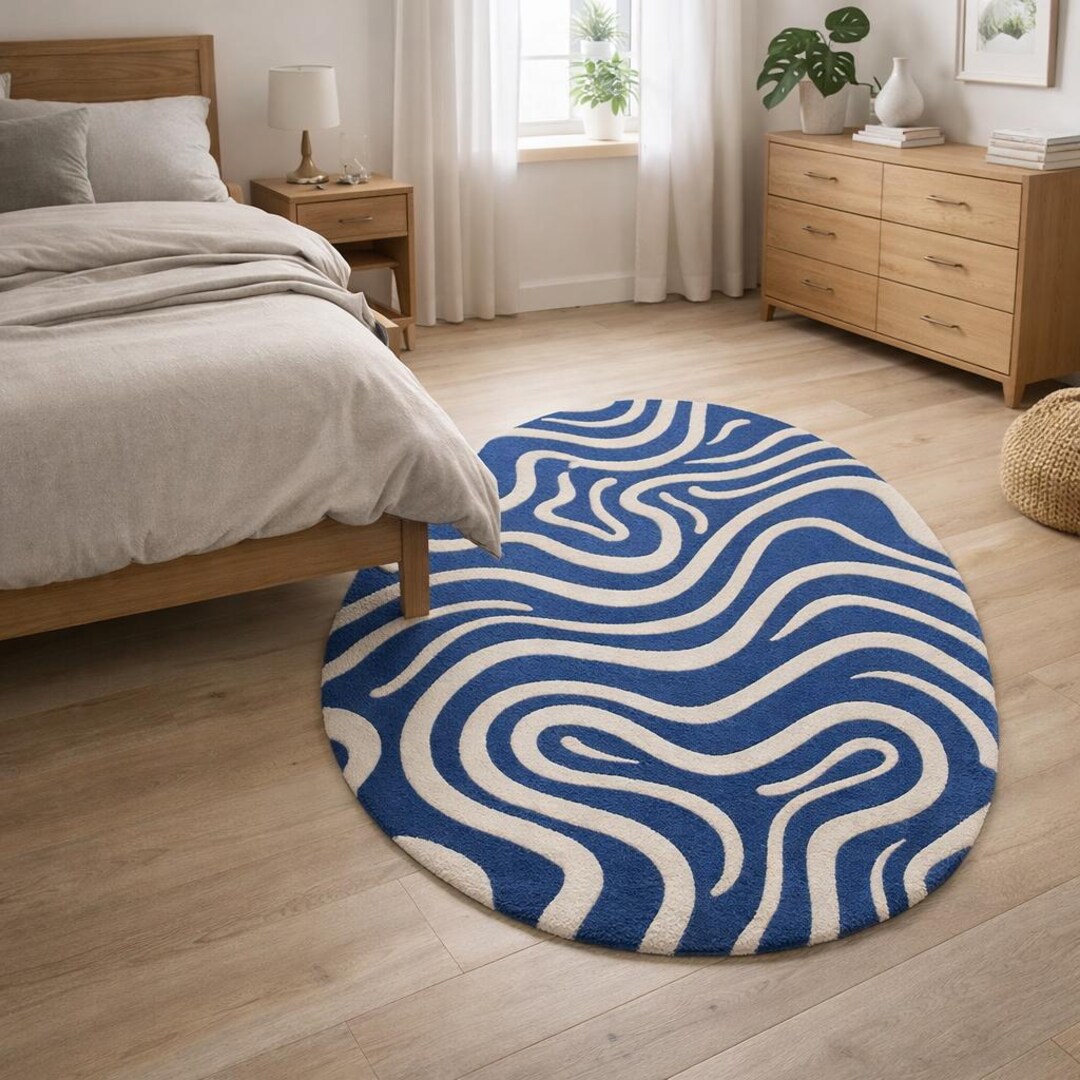 Hand Tufted Blue and White Oval Wool Rug - Modern Organic Wave Pattern ...