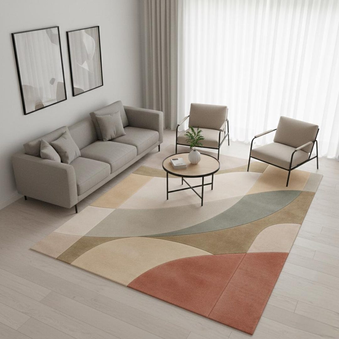 Mid Century Modern Curved Rug - Terracotta & Sage Rug for Bedroom, 8x10 ...