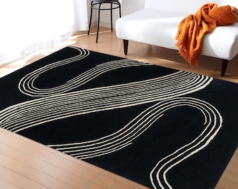 5x7 Tufted Rug, Handmade Wool, 6x8 Geometric Carpet, 7x10 Black Area Rug, Wavy Design, 8x11 Entryway Carpet