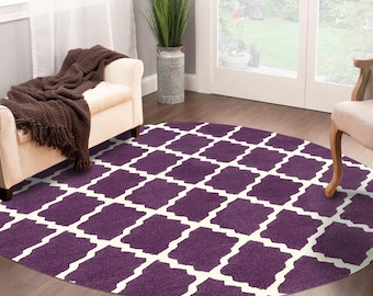 Hand-Tufted Purple Wool Area Rug: Oval Geometric Design