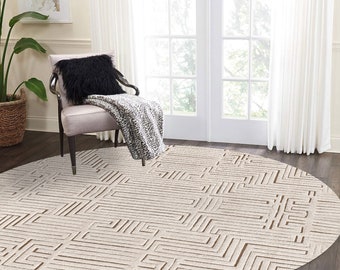 7x7 Beige Rug ! Hand Knotted Carpet ! Round Wool Rugs ! 8x8, 9x9, 10x10 ! Geometric Design ! Bed, Living, Room, Hallway Carpets