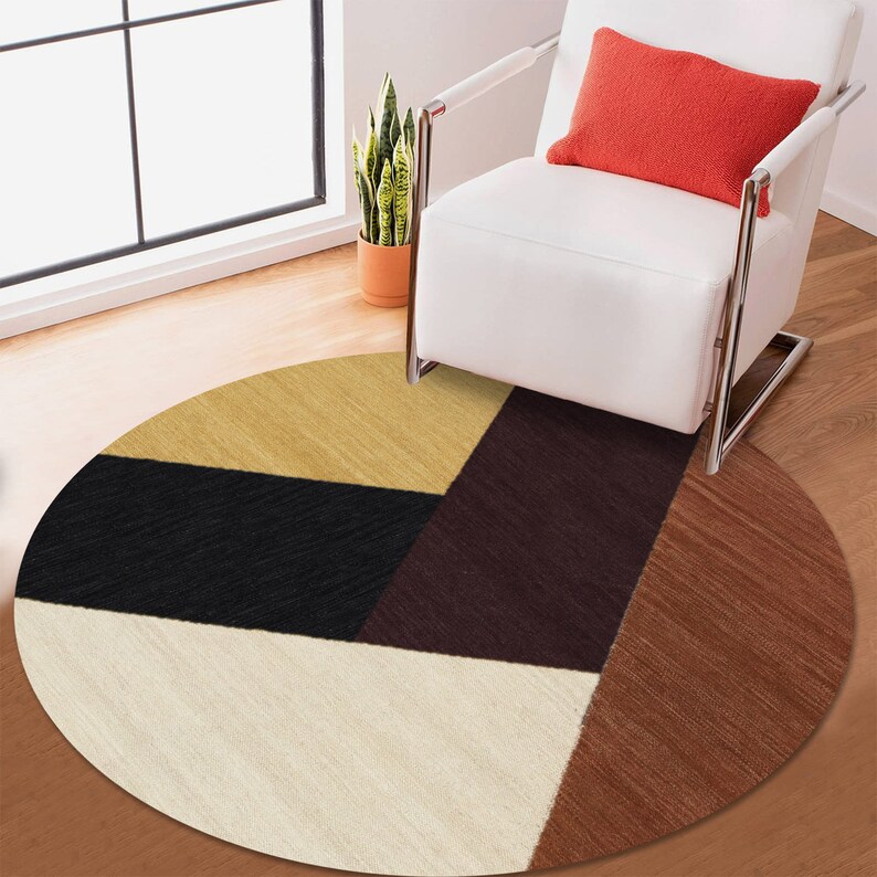 Flat Weave Carpet | Hand Woven Wool | 9x9, 10x10, 7x7, 12x12 | Round Area Rugs | Handmade | Contemporary Carpet | Living Room Rugs