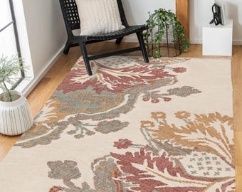 Handwoven Jute Flatweave Rug, Vintage Floral Boho Carpet, Natural Fiber Rugs, 6x9, 8x10