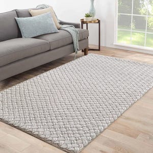 May include: A light gray woven rug with a textured, braided design. The rug is laid out on a hardwood floor in a living room setting.